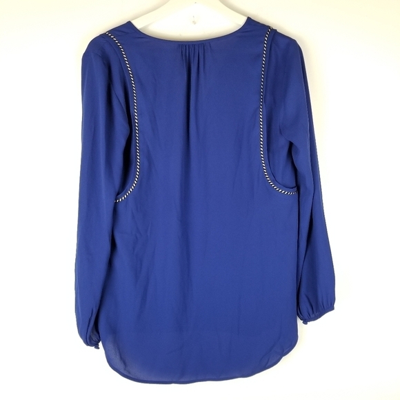 J. Crew 0 Blue Pullover Tunic Blouse Vneck long sleeve high low hem Piping - Picture 2 of 7